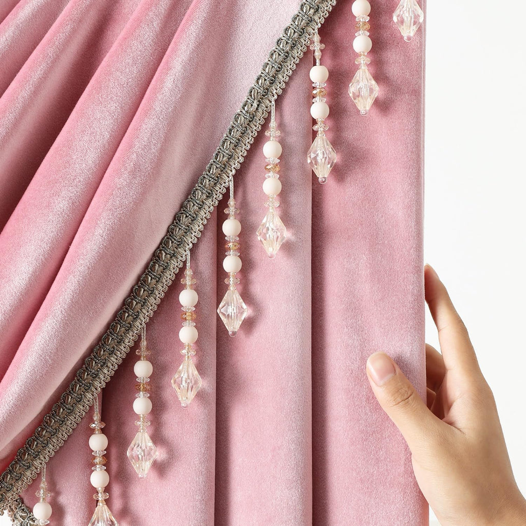 Solid Pink Waterfall Valance with Luxury Tassels, Rod Pocket Elegant Velvet Swag Valance, European Style Window