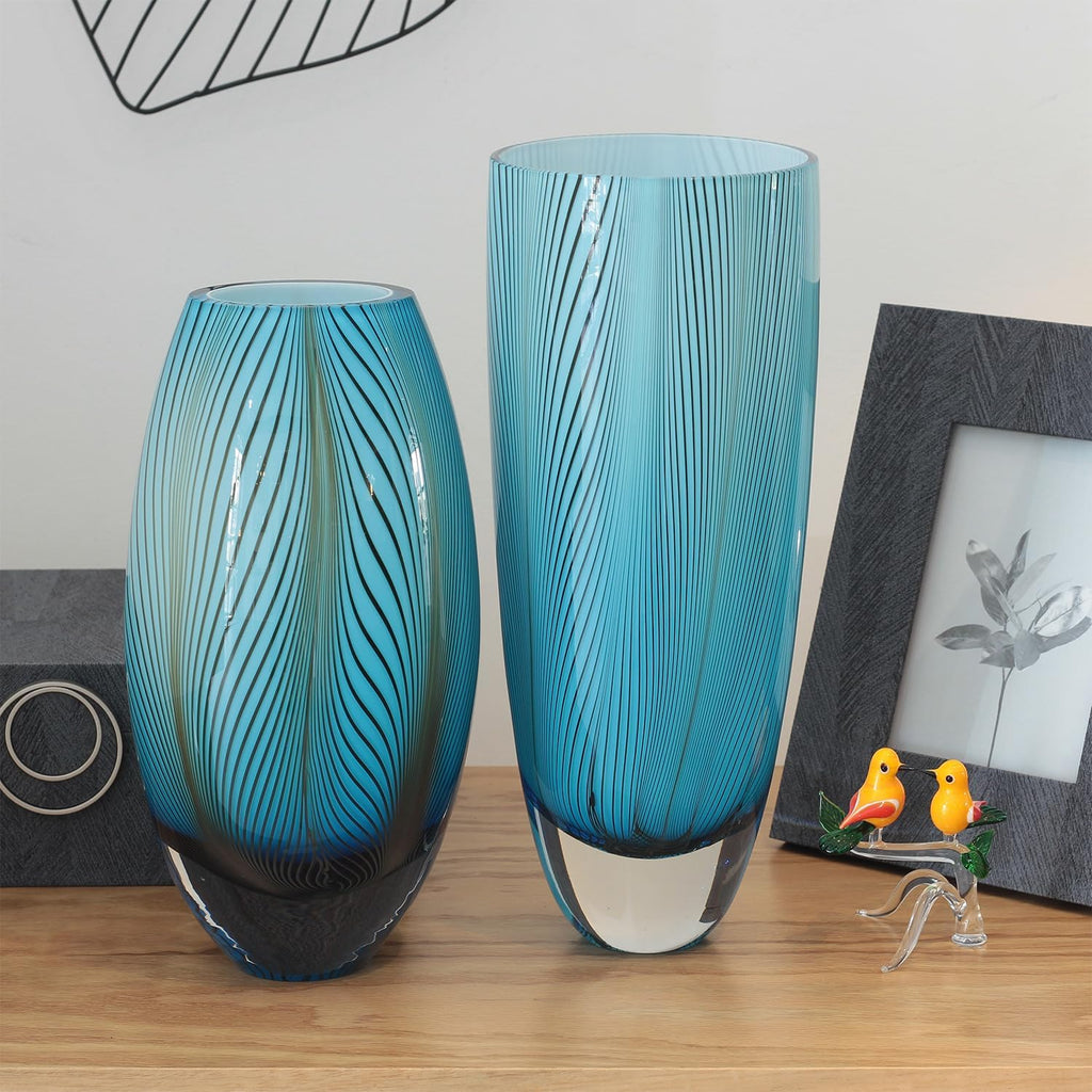 Murano Style Glass Vase Hand Blown Blue Feather Pattern Effect Home Decor | Hand Blown Glass Vase, Decorative Table