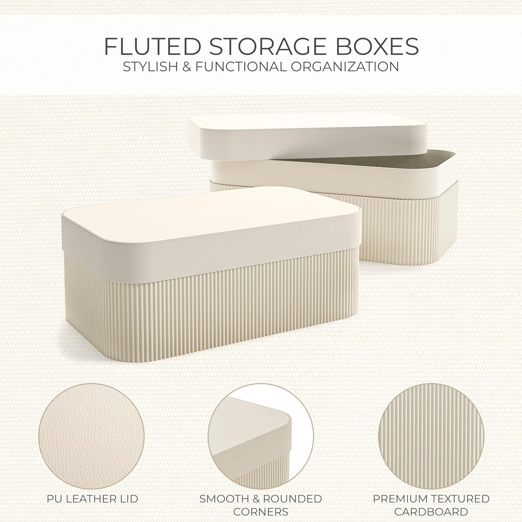 Decorative Storage Boxes with Lids Fluted Photo Organizer Bins - Set of 2