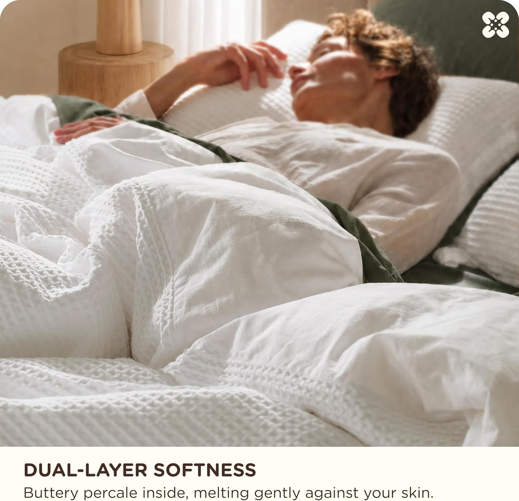 Cotton Duvet Cover King - 100% Cotton Waffle Weave Coconut White Duvet Cover King, PureWoven Breathable Bedding Set