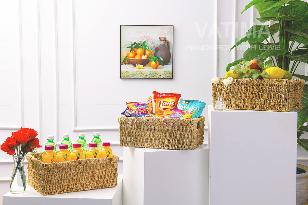 Large Natural Wicker Basket Rectangular with Wooden Handles, Seagrass Storage for Organizing, Shelves 15.5 x 10.6 x