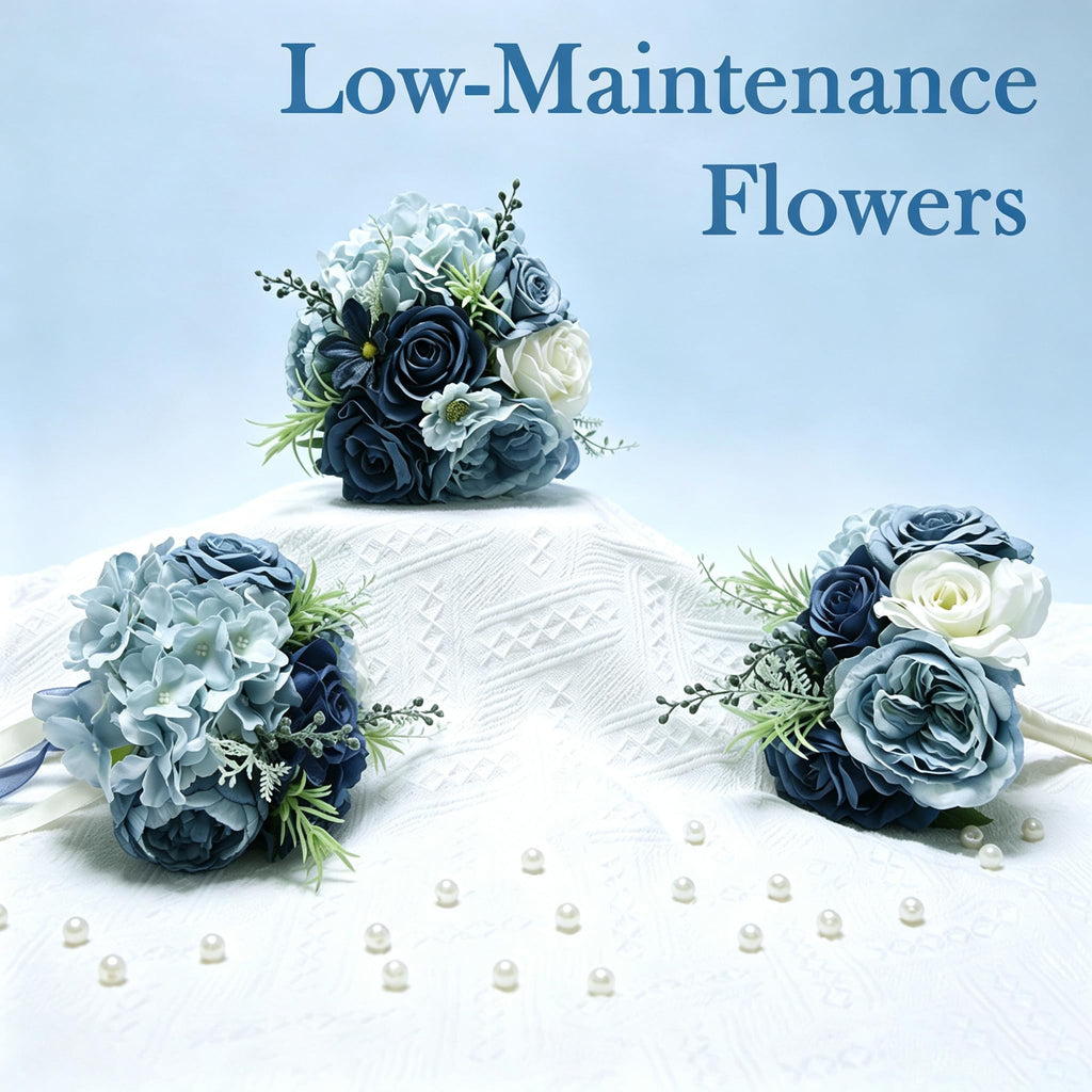 Artificial Bridesmaid Bouquets Set of 4 - NavyBlue 9 Inch Various Flower Bouquet for Wedding Party Ceremony