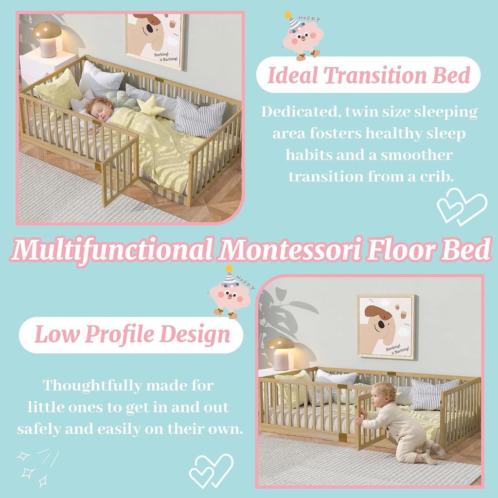 Twin Montessori Floor Bed Frame with High Rails and Door, Wood Twin Floor Bed with Slats, Low Profile Kids Bed Frame
