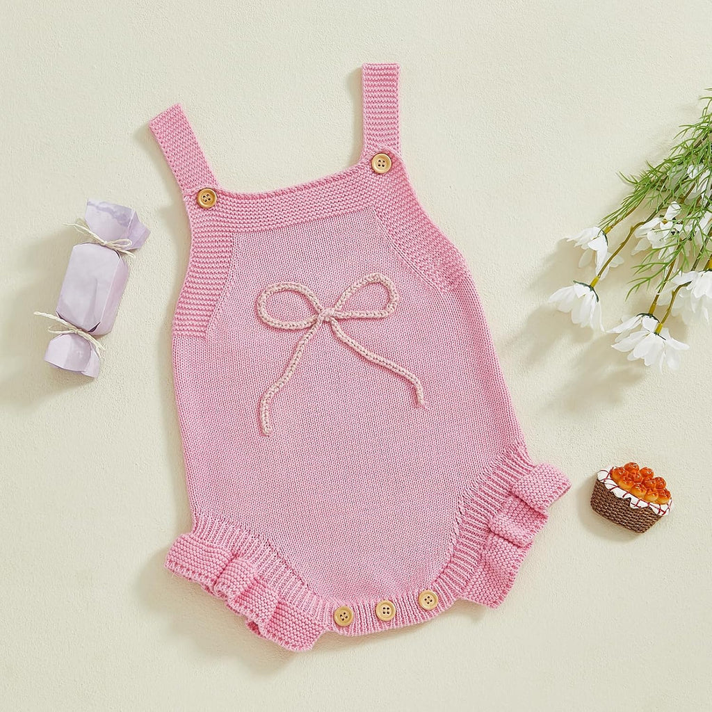 Newborn Baby Girl Clothes Bow Embroidery Romper Sleeveless Knit Romper Jumpsuit Sweater Bodysuit One-Piece Outfit