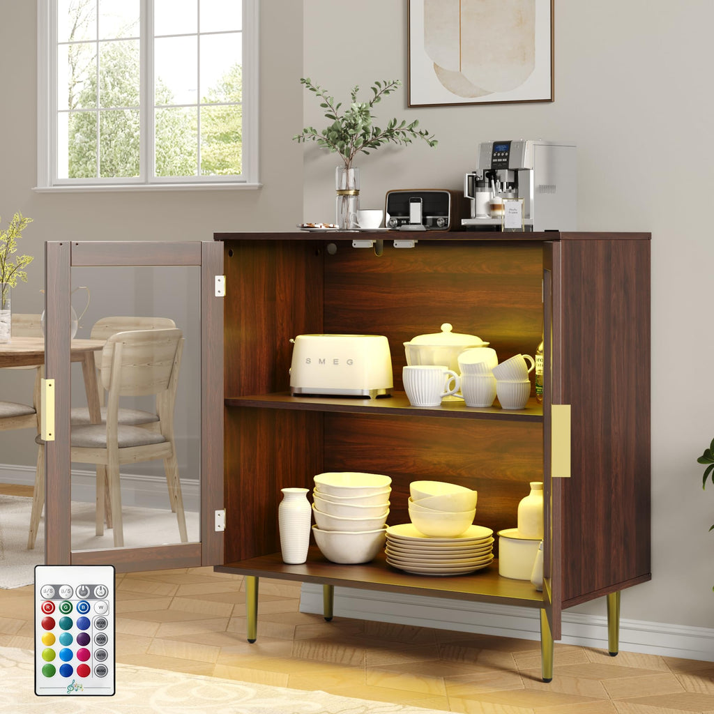 Buffet Cabinet with LED Lights & 2 Acrylic Doors, Walnut