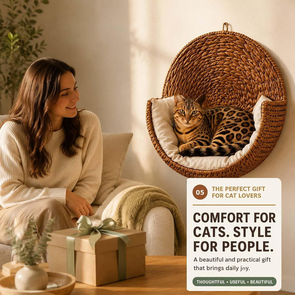 Handwoven Hanging Cat Bed, Space-Saving Wall Mount for Indoor Cats, 1pc
