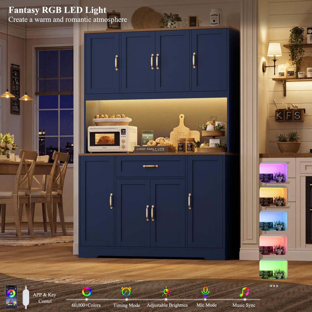 70" H LED Kitchen Pantry Cabinet, Hutch with Charging Station, Blue