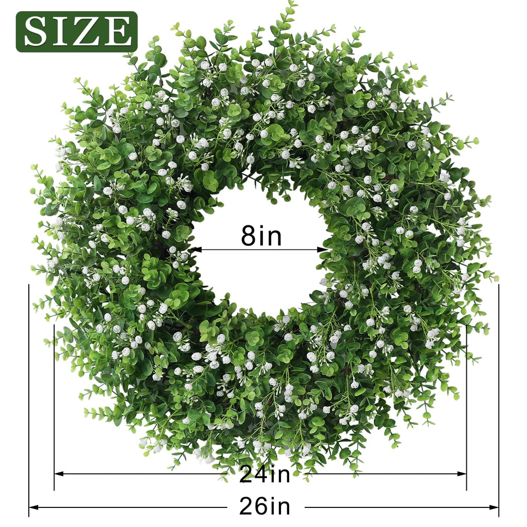 26" Artificial Eucalyptus Wreath with Flowers for Front Door (White-Green)