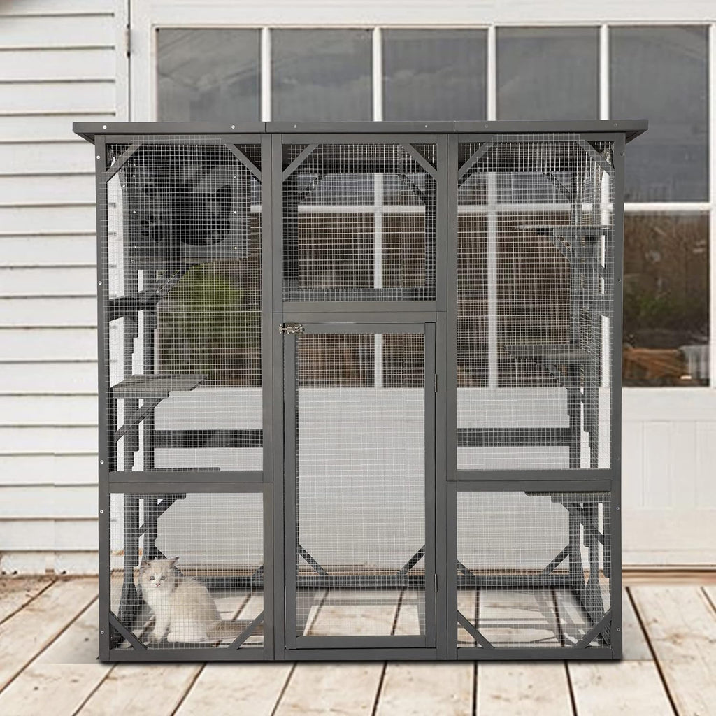Large Outdoor Cat House Outdoor Wooden Cat Cage Cat Enclosure with Weatherproof Large Run, Jumping Platforms for Play