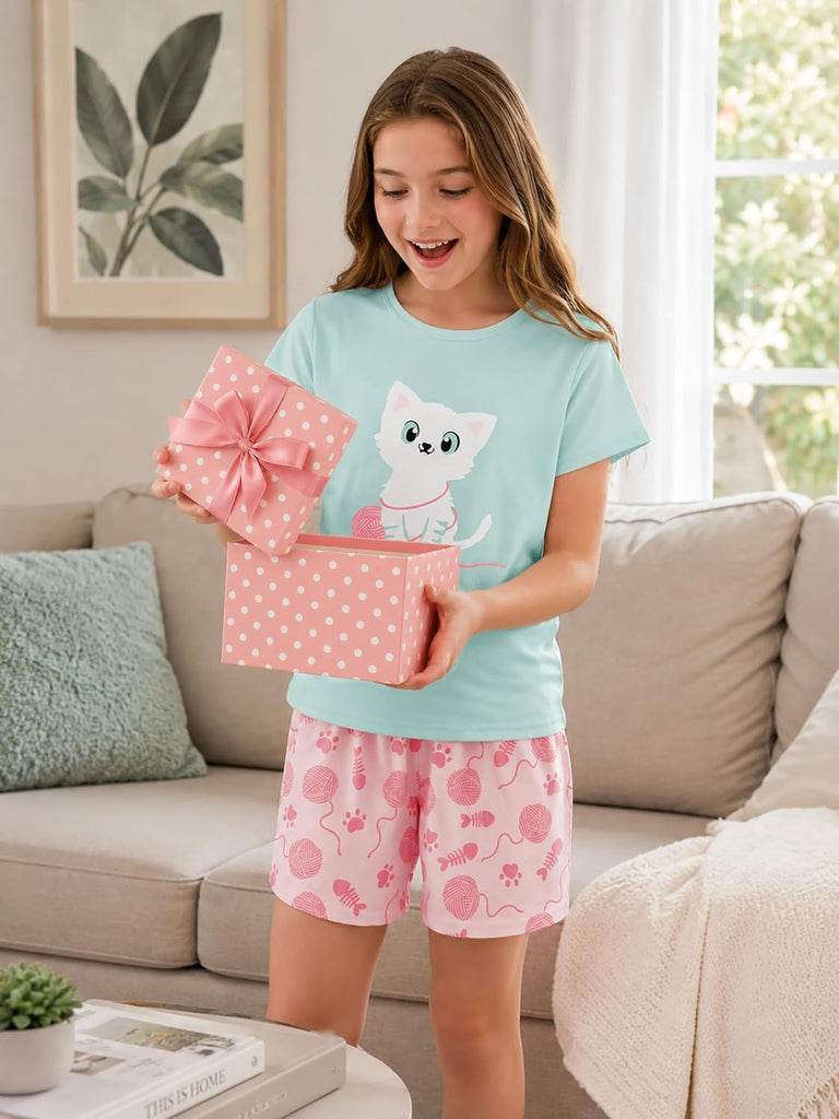 Girls Cotton Blend Pajamas Cute Print Short Sleeve Set