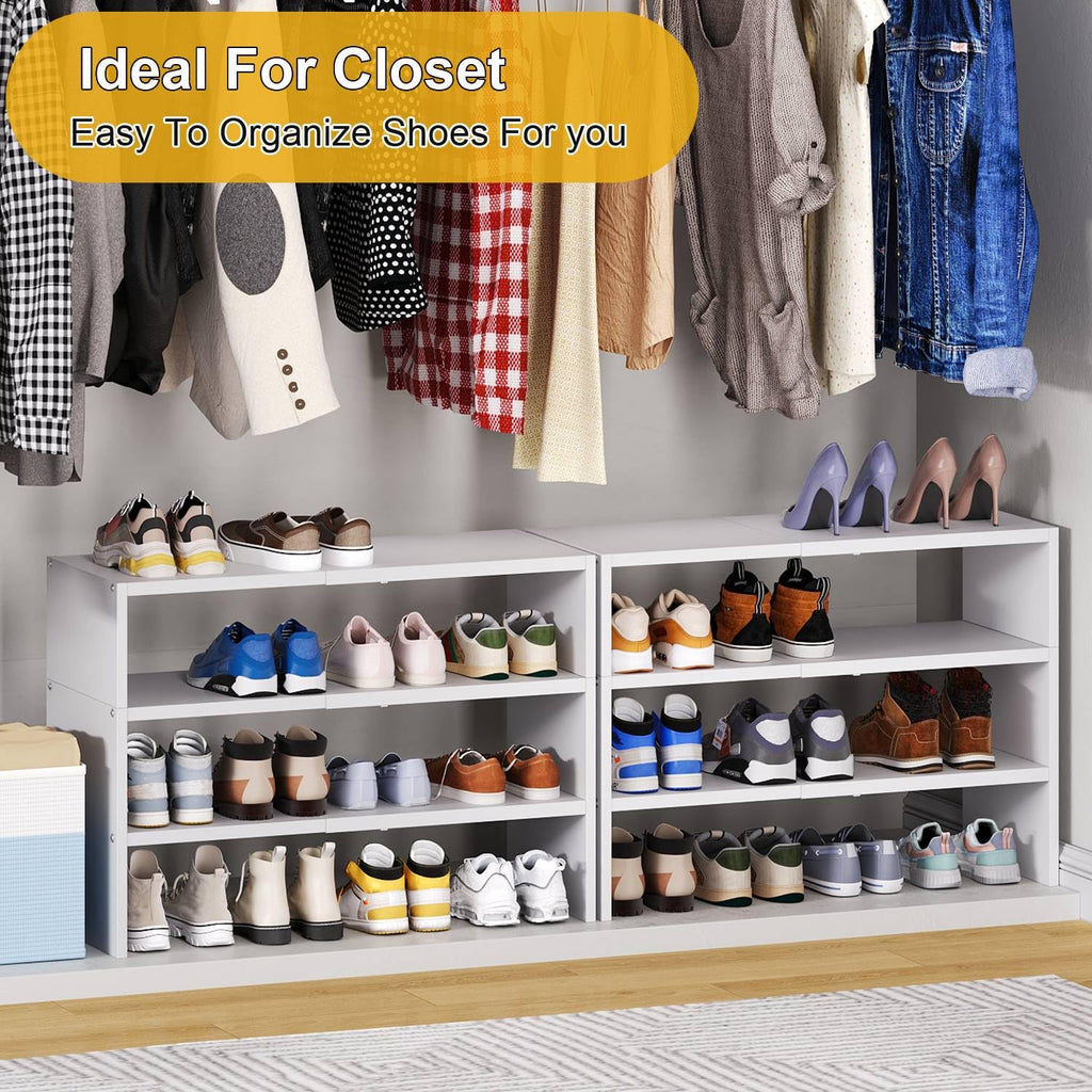 White Shoe Rack Organizer for Closet, 3-Tier Expandable Shoe Shelf, Stackable Iron Wood Combination Shoe Racks