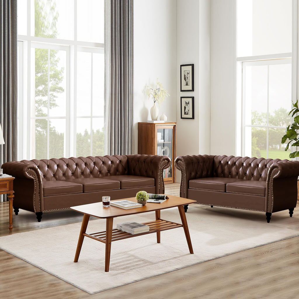Chesterfield Loveseat Sofa, Upholstered Sofa Modern 2 Seater Couch Sofa Set Style Button Tufted, Mid-Century PU