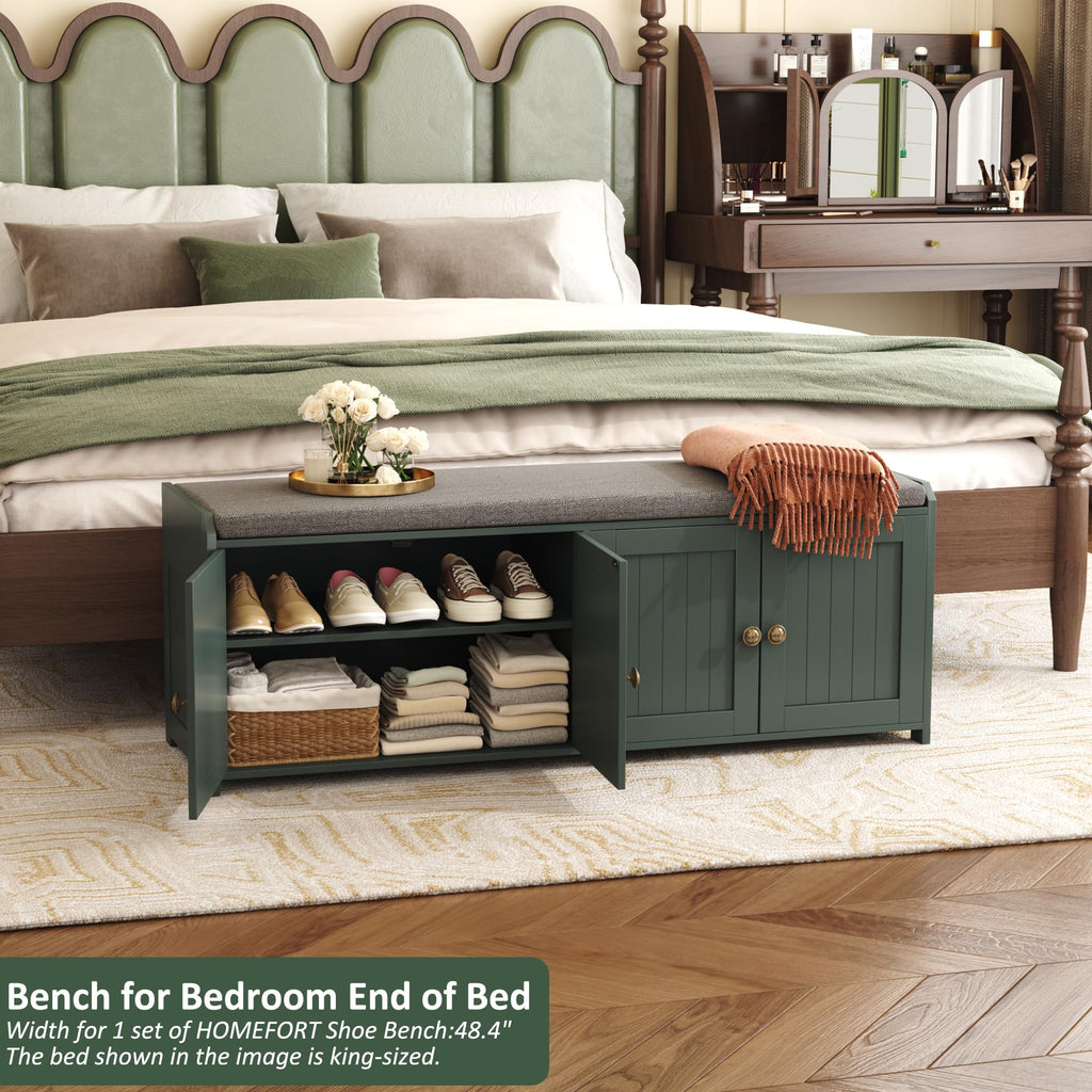 48.4" Shoe Storage Bench with Cushion, Entryway Bench with Paddded Seat, 2-Tier Shoe Cabinet Bench with Adjustable
