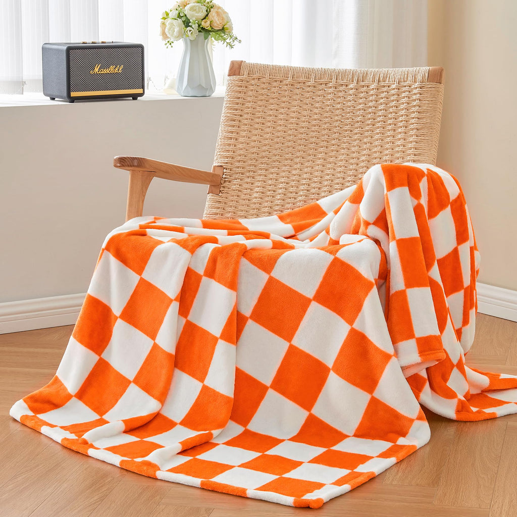 Checkered Fall Twin Blanket for Couch, Orange & White, 60"x80"
