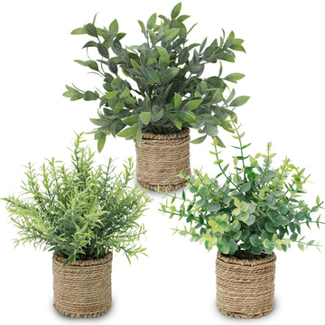 3 Pack Small Artificial Potted Plants in Handwoven Seagrass Baskets, Realistic Fake Plants Faux Greenery with