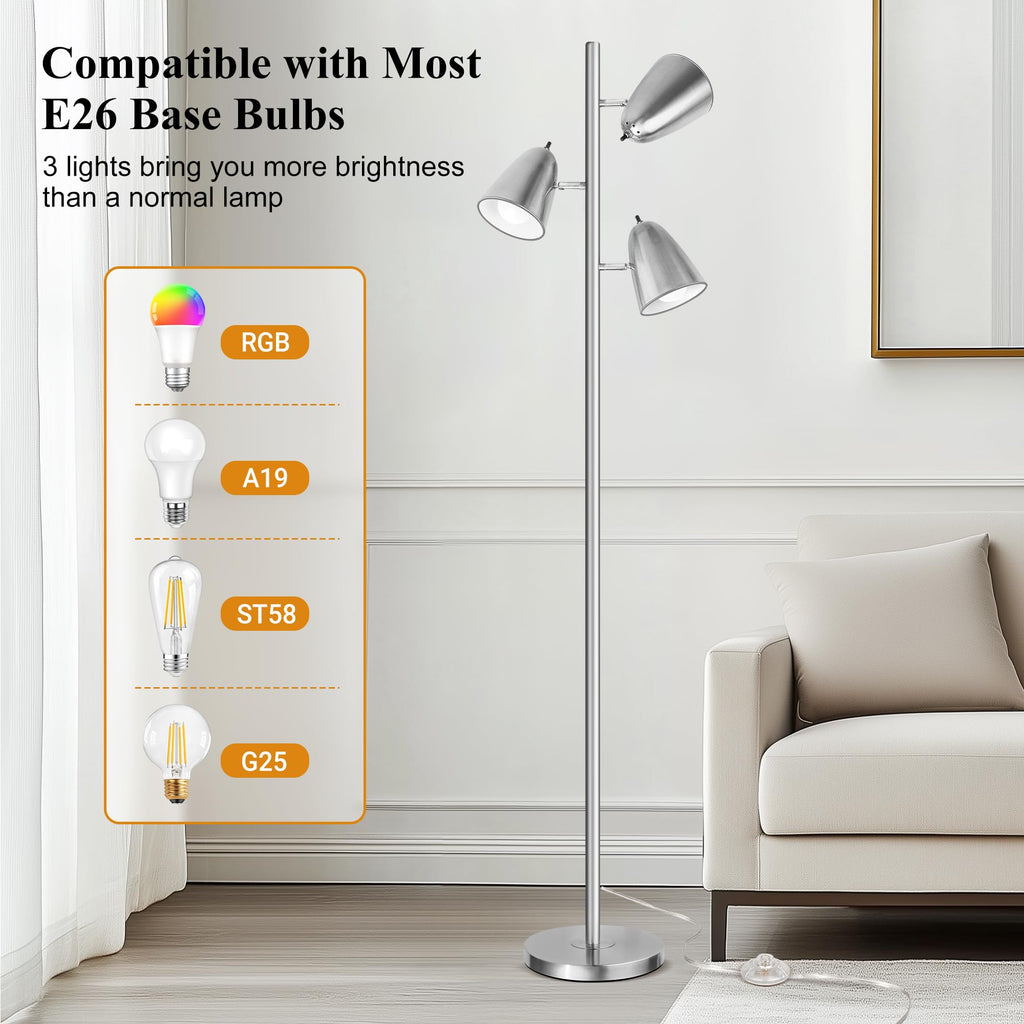 Tree Floor Lamp with 3 Light Bulbs, Standing Tall Pole Lamps Bedroom Office, Reading Stand up Lamps with 3 Adjustable