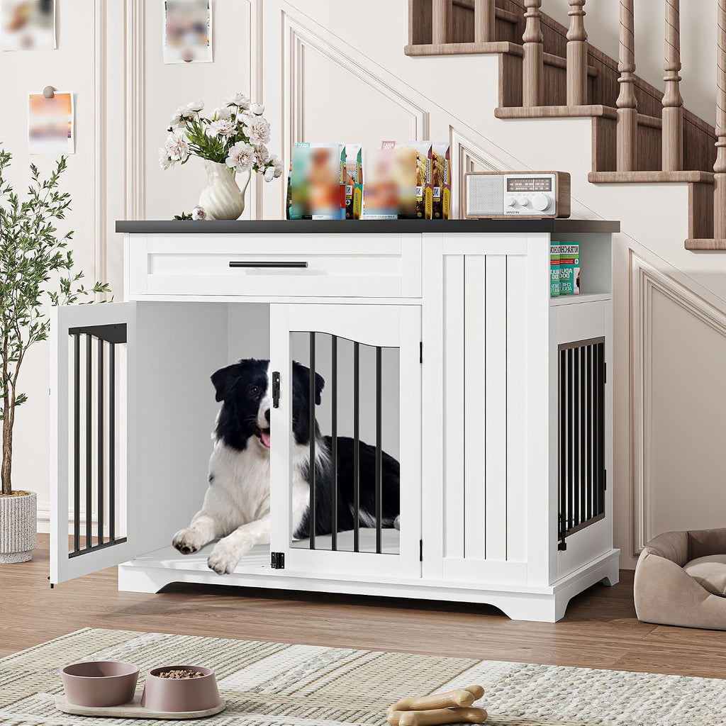 44 Inch Heavy Duty Wooden Dog Crate Furniture with Drawer & Side Storage - Indoor Dog Kennel Furniture with Double