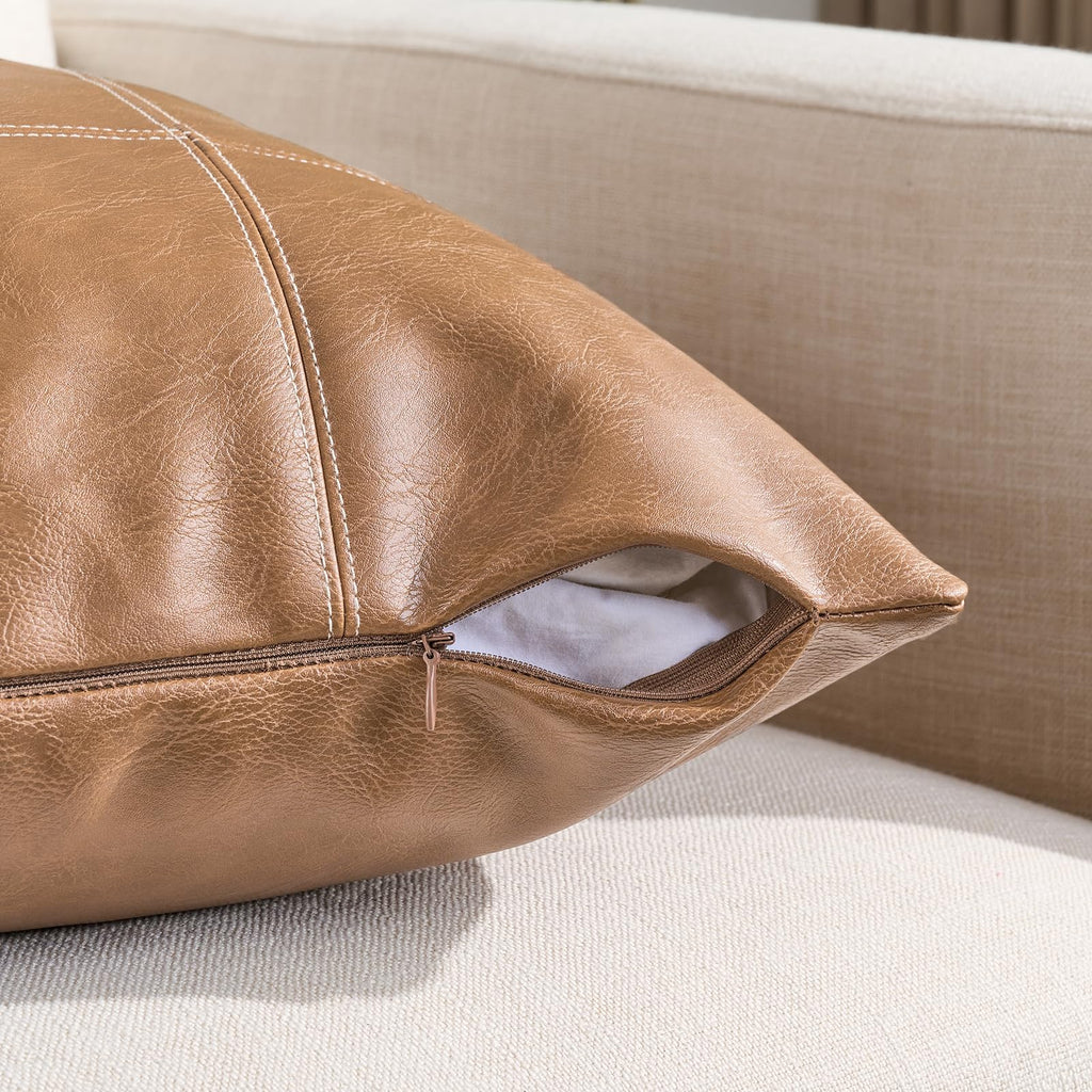 2 Packs Light Brown Plaid Faux Leather Decorative Throw Pillow Covers 18x18 Inch for Couch Bed Sofa, Rustic Modern