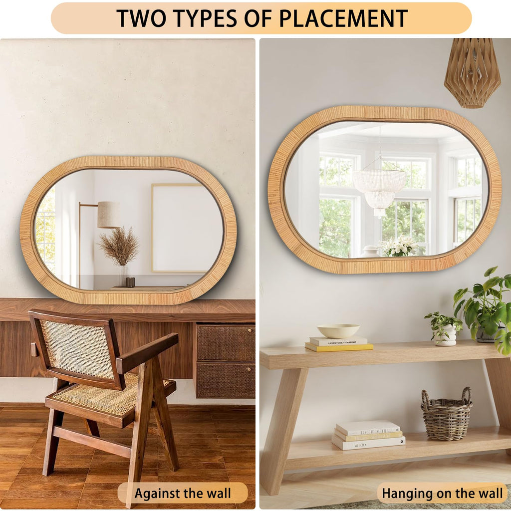 20x30 Oval Rattan Mirror for Wall, Boho Decorative Mirror Vanity, Farmhouse & Natural Home Decor