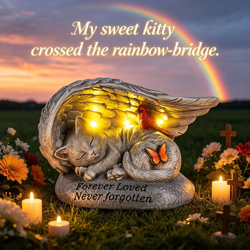 Cat Memorial Stones with Solar Angel Wing Cardinal Butterfly 8 Inch