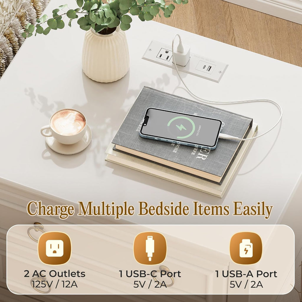 27.6 Inch Tall Nightstand with Charging Station, USB-C Port, Larger Night Stand Set of 2, Bedside Table with 2