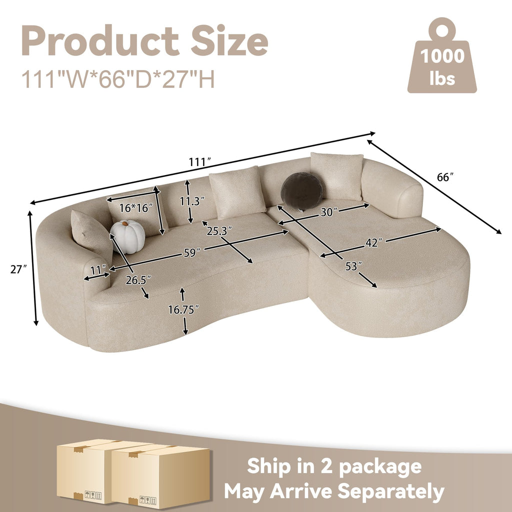 111" Oversized Boneless L-Shaped Sectional Sofa, Light Brown