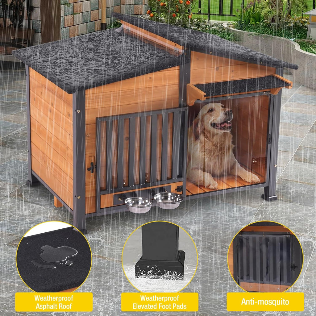 Outside Chew-Resistant Dog House with Metal Frame, Indoor/Outdoor Wooden Dog House with Waterproof Roof and Food