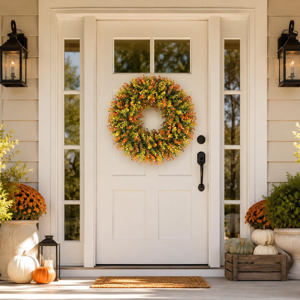 20 Inch Fall Wreaths for Front Door, Handmade Fall Boxwood Wreath with Cream Linen Sash, Waterproof and UV Resistant