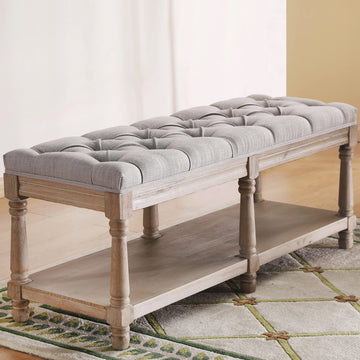 Farmhouse French Storage Bench, Upholstered End of Bed Shoe Bench 45 Inch, Wood Tufted Bedroom Bench, Dining