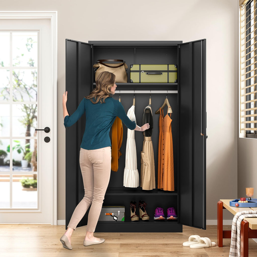 Metal Wardrobe Cabinet with Hanging Rod & Lock, Black Armoire Wardrobe Closet, Metal Clothing Storage Cabinet with