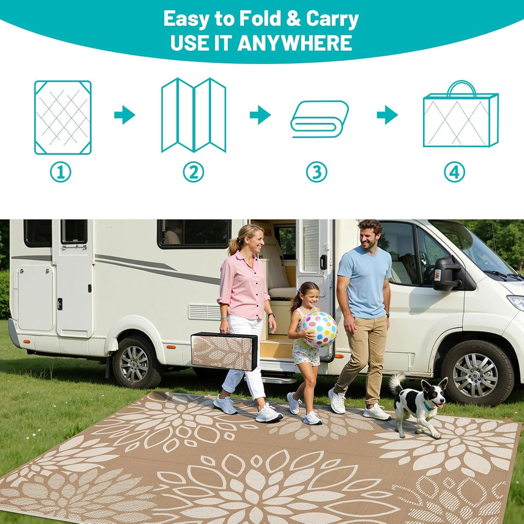 Waterproof Outdoor Rug 9x12 for Patios, Floral Reversible Plastic Straw Rug Patio Mat, Indoor Outdoo