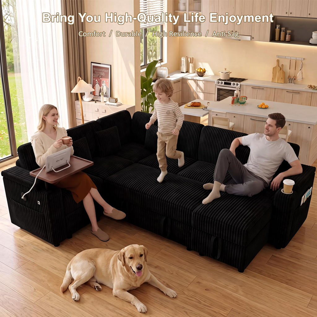 100" Convertible Sectional Sofa Bed, Pull Out Couch Bed with Storage Chaise, Table Board, USB Ports & Cup Holder