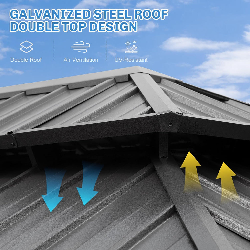 14×20 ft Outdoor Gazebo with Double-Layered Galvanized Steel roof, Hard-top Canopy Featuring Curtains and mesh Panels
