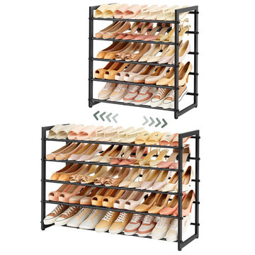 5-Tier Expandable Shoe Rack, Adjustable Shoe Shelf Storage Organizer Space Saving Metal Free Standing Shoe Rack