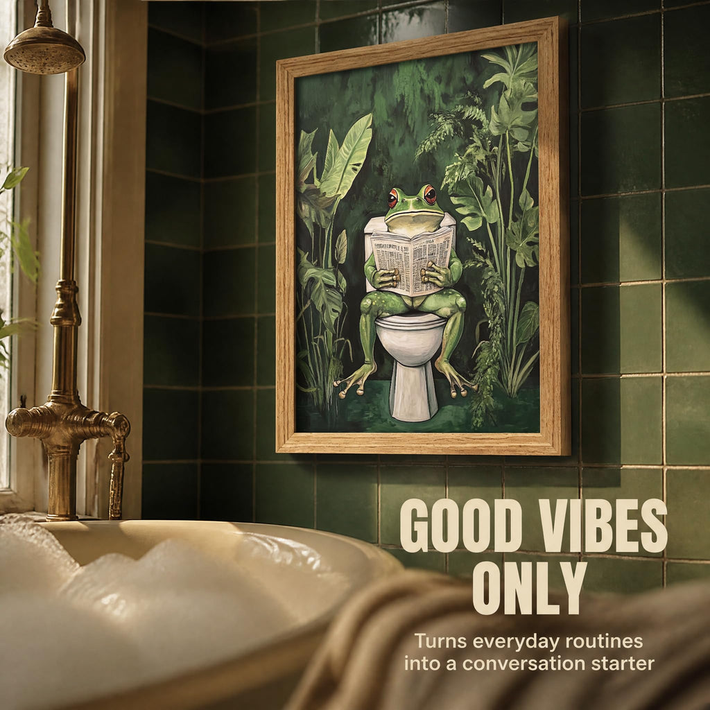 Funny Bathroom Canvas Wall Art Framed Frog on Toilet Reading Newspaper Wall Decor Tropical Green Plants Bathroom