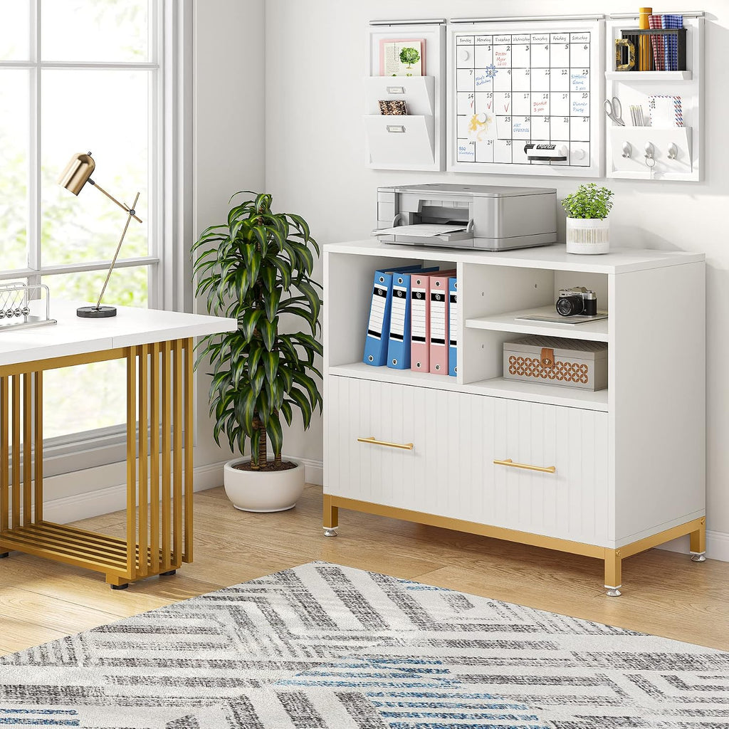 Lateral File Cabinet with Drawer, White Filing Cabinet for Letter/Legal/A4 Size Files, 35.4" Modern Wood File Storage