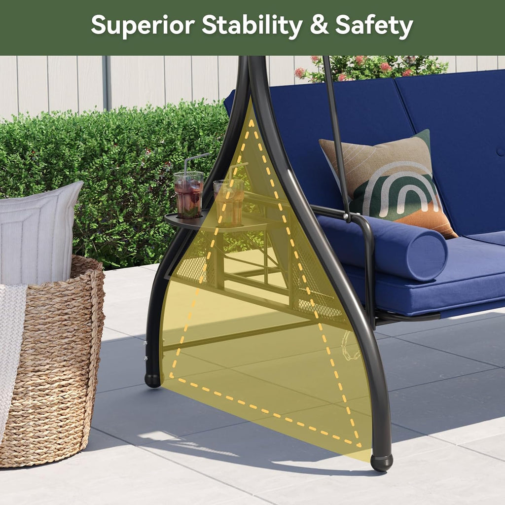 Outdoor Porch Swing with Stand and Canopy, 3 Seats Outdoor Swings for Adults, Convertible 2 in 1 Swing Bed with Cup