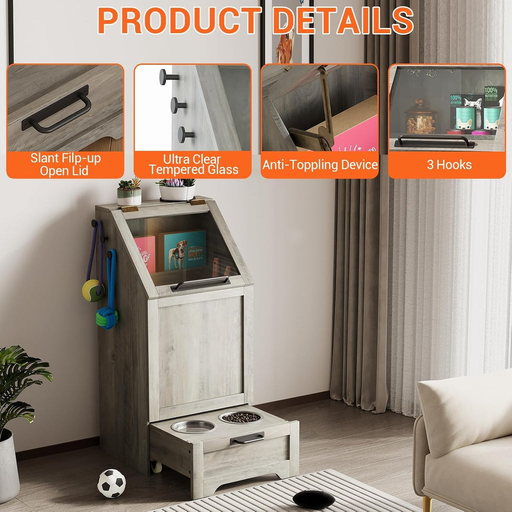 Dog Feeding Station, with Pet Feeding Station, Flip Top Dog Food Storage Cabinet, 2 Elevated Bowls, Includes 3 Hooks