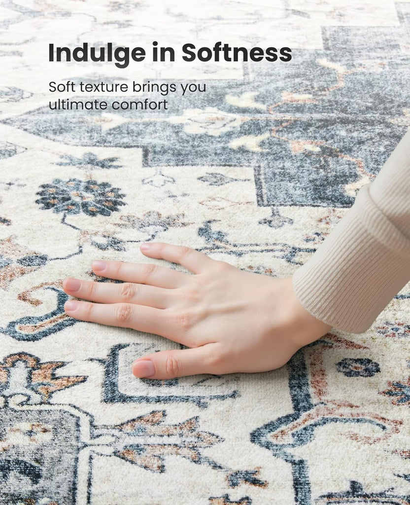 8x10 Washable Area Rug, Low-Profile with Non-Slip Backing & Durable Edge Binding, Vintage Large Rugs for Living Room