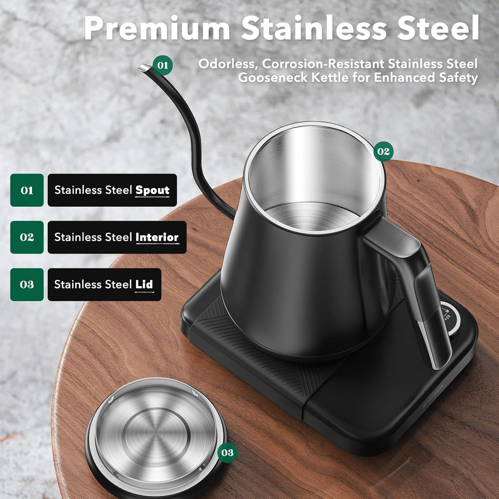 Gooseneck Electric Kettle with ±1°F Temperature Control, Pour Over Kettle for Coffee & Tea, 1200W Rapid Heating
