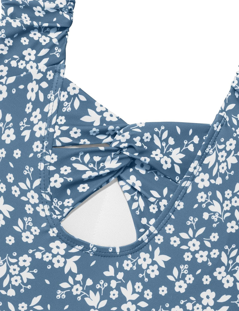 Girls Tankini Swimsuit 2 Piece Bathing Suit Twist Cross Back Cutout Swim Tank Top Floral Print Swimwear