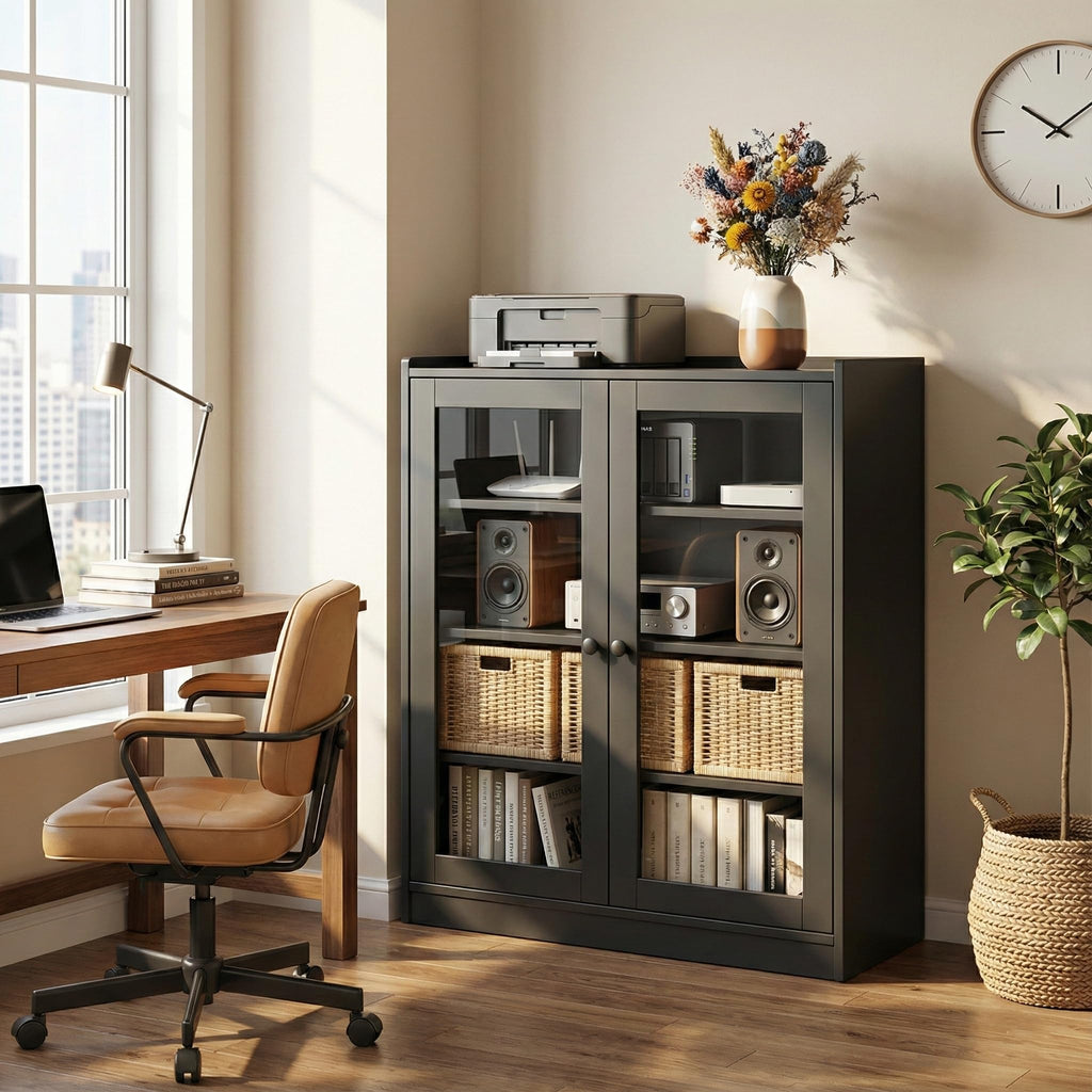 Audio Stereo Cabinet with Glass Doors, 35.4" Tall AV Component Media Stand, Record Player Stand with Adjustable
