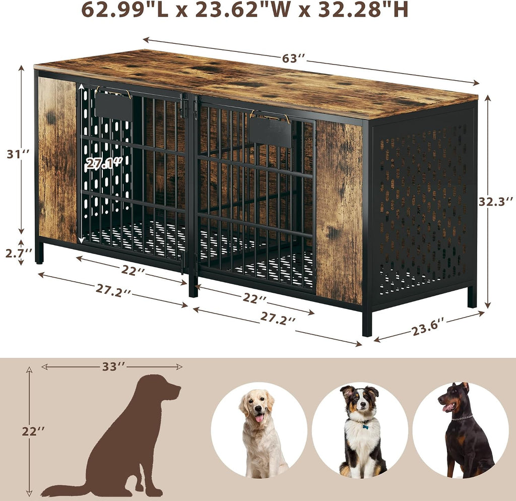 63" Large Double Dog Kennel Furniture for 2 Dogs - Extra Sturdy XXL Metal & Wooden Medium Dog Cage with Removable