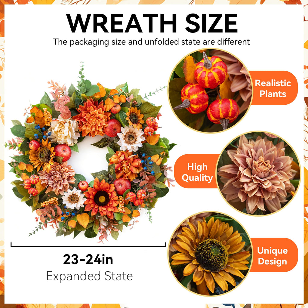 24 Inch Fall Wreaths for Front Door, Apple Wreath Artificial Autumn Wreath