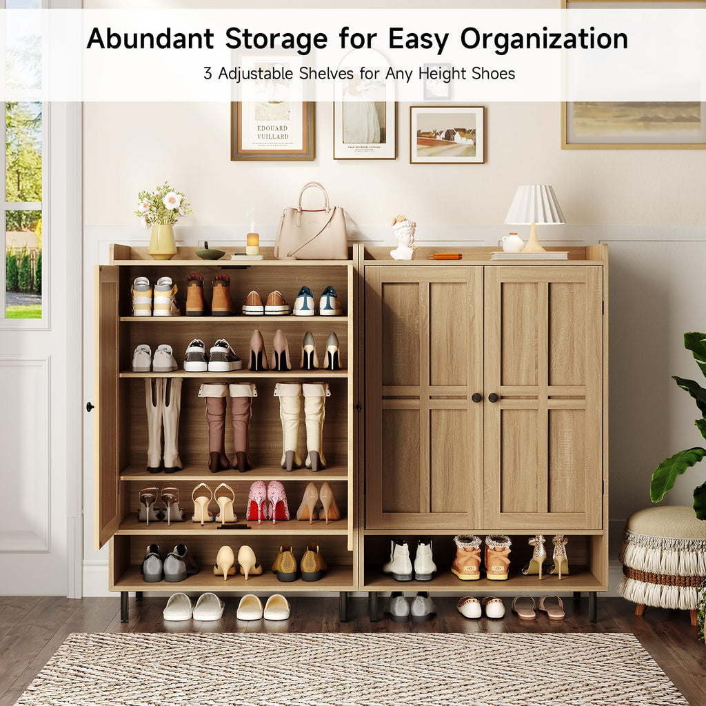 Shoe Cabinet with Cross Molding Doors, 6-Tier Storage(Natural Oak)