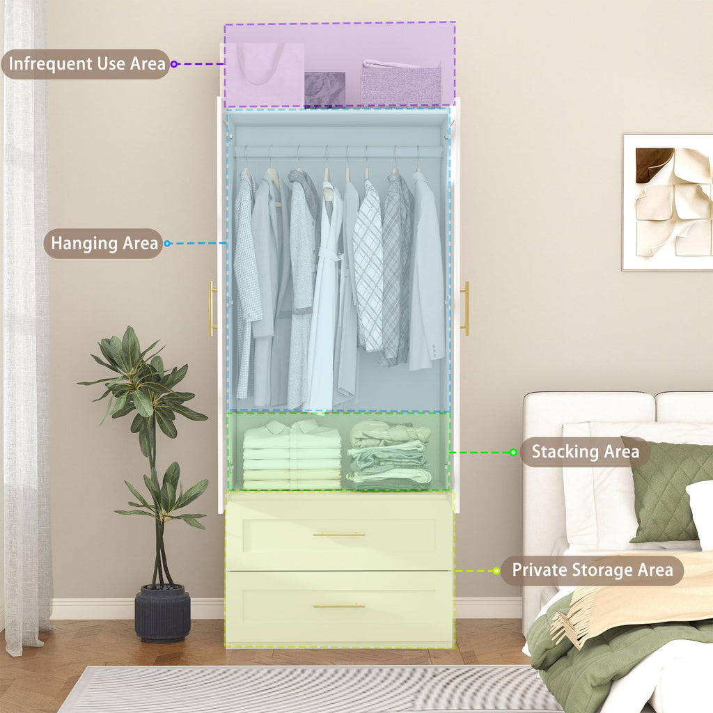 White Armoire Wardrobe Closet with 4 Drawers, 75" Tall x 63" Wide