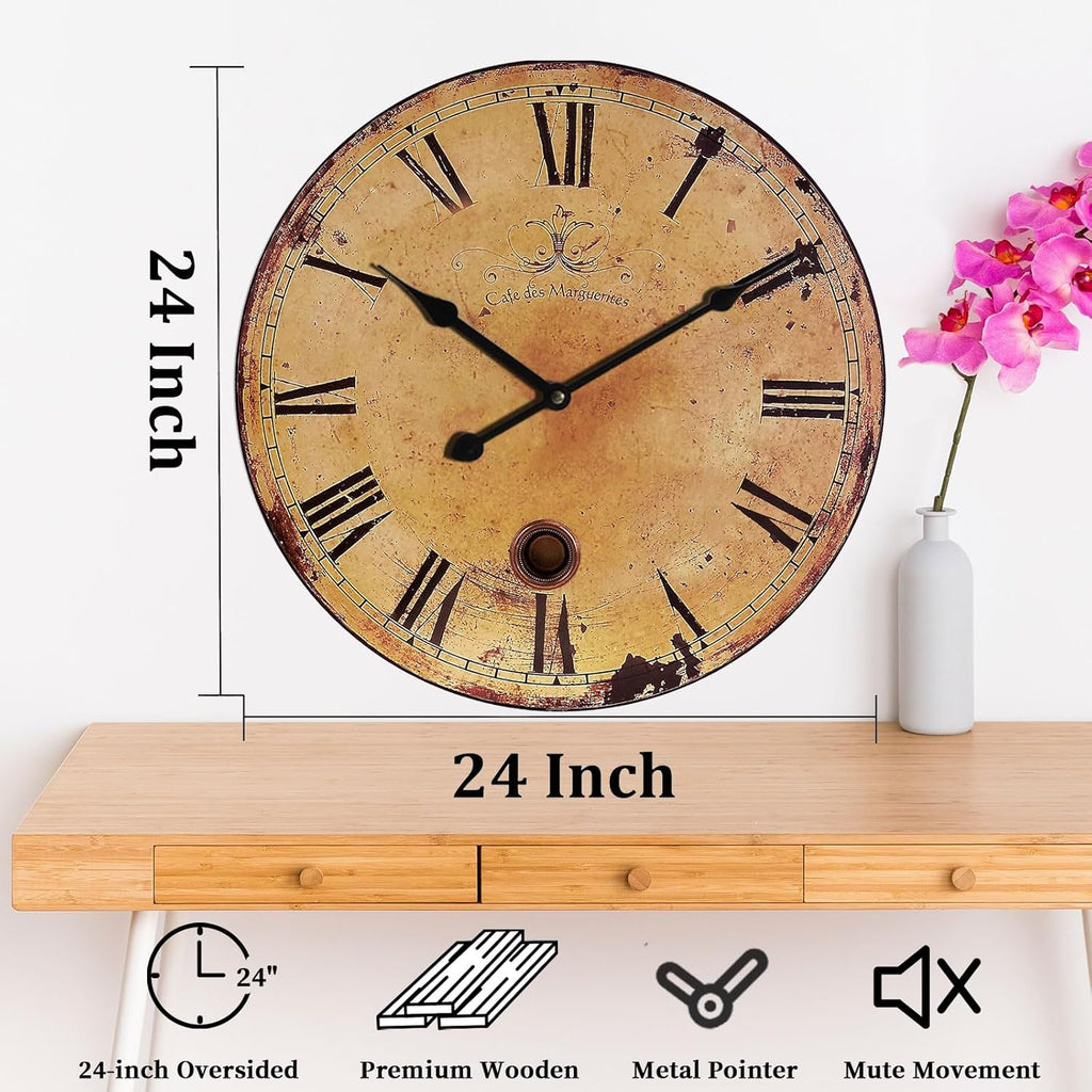 Rustic Large Wall Clock Silent Battery Operated for Farmhouse Livingroom,24 Inch Vintage Wall Clock Non-Ticking for