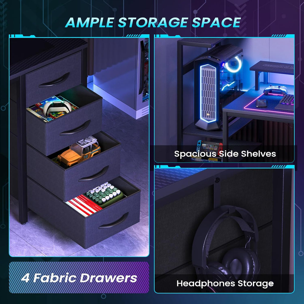 51in Gaming Computer Desk with Drawers & Power Outlet & LED Lights, Black | Gaming Table, Escritorio Gamer