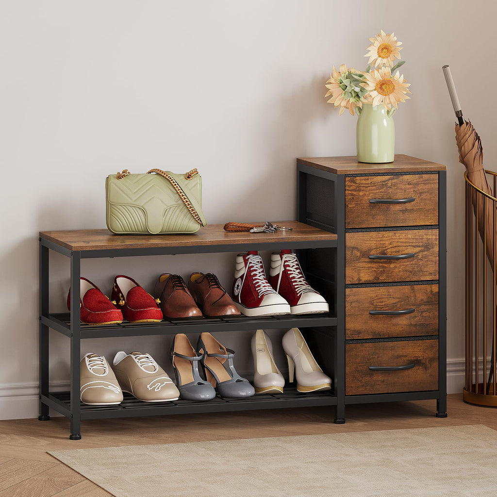 Industrial Shoe Storage Bench with 4 Drawers & Seat, Rustic Brown