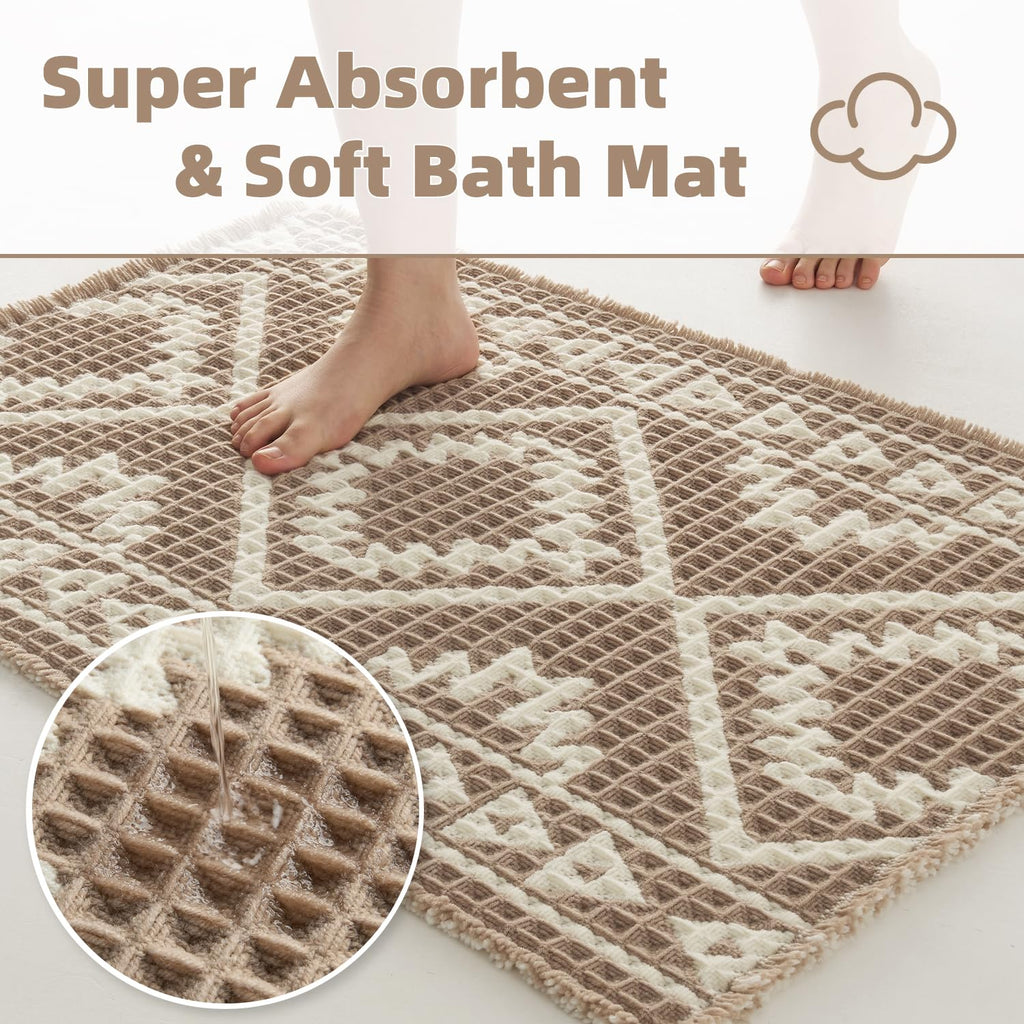 Waffle Bath Mat-Super Absorbent Bath Mats, Machine Washable Non Slip Bathroom Rug with Tassels, Soft Bathroom Mat